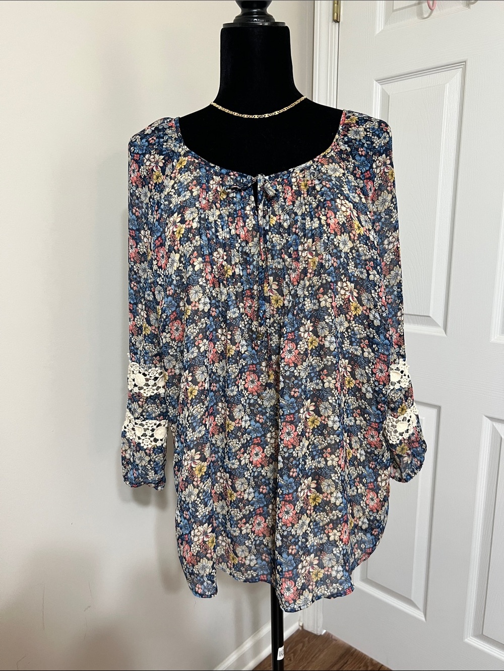 Westport Navy Floral Peasant Tunic with Crochet Sleeve Detail